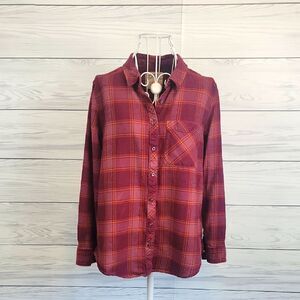 Arizona Jean Co Red and Orange Plaid Button-Up Shirt Womens Size L